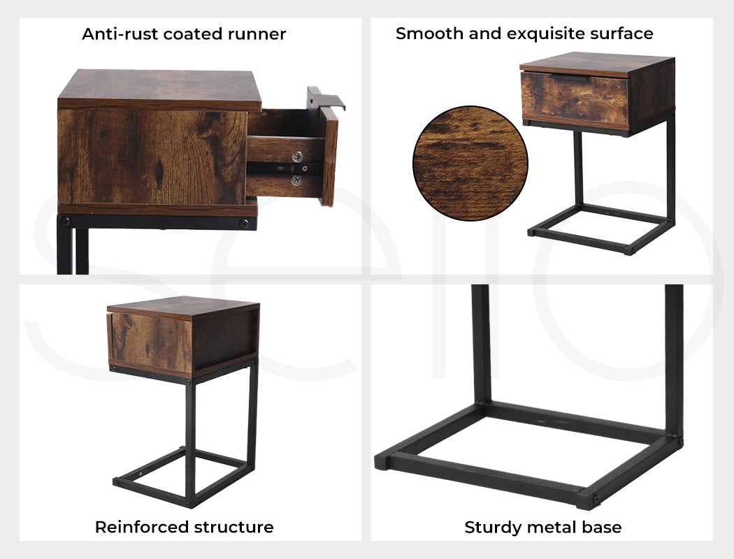 Rustic Wood & Metal Frame Bedside Table with Drawer 9