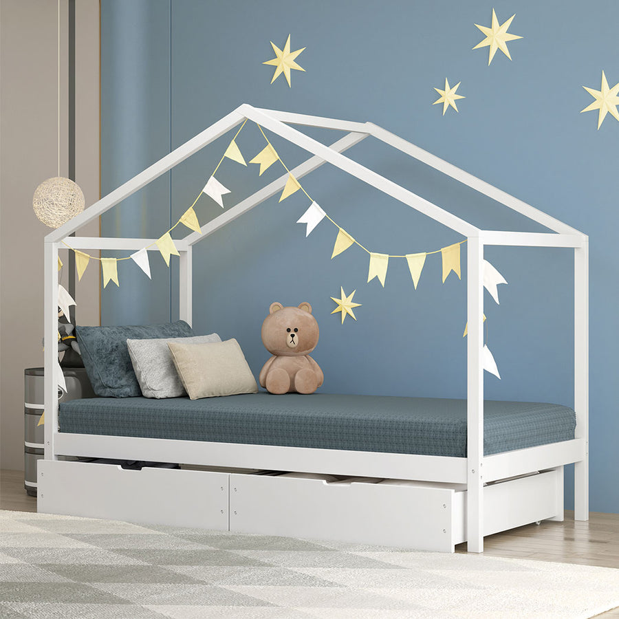 Single Wooden House Bed Frame with Storage Drawers