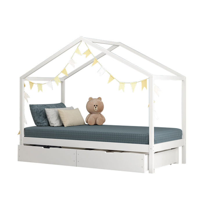 Single Wooden House Bed Frame with Storage Drawers