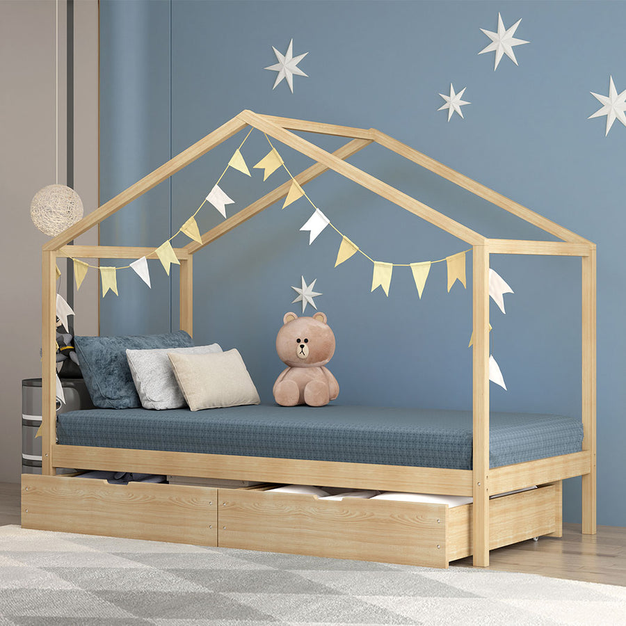 Single Wooden House Bed Frame with Storage Drawers