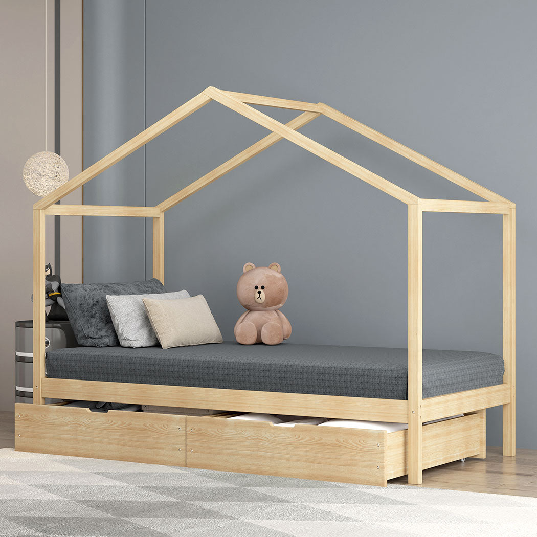 Single Wooden House Bed Frame with Storage Drawers