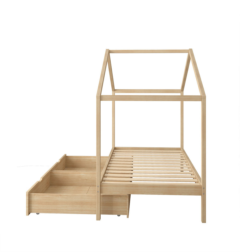 Single Wooden House Bed Frame with Storage Drawers