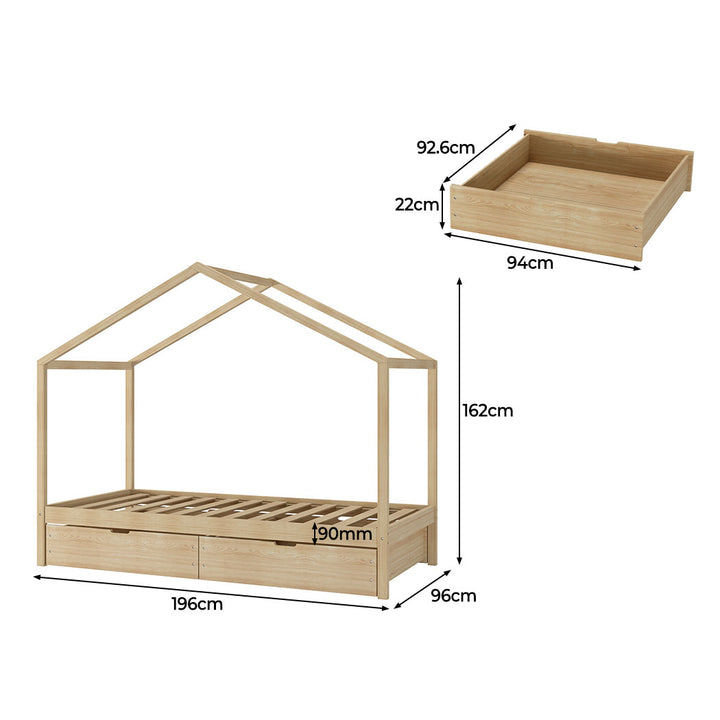 Single Wooden House Bed Frame with Storage Drawers