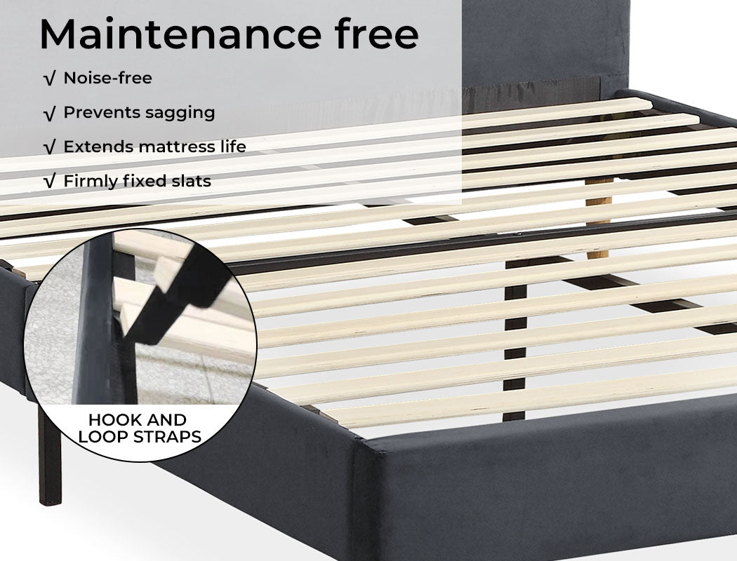 Slats of Mattress Base with Velvet Headboard Grey
