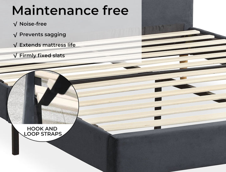 Slats of Mattress Base with Velvet Headboard Grey
