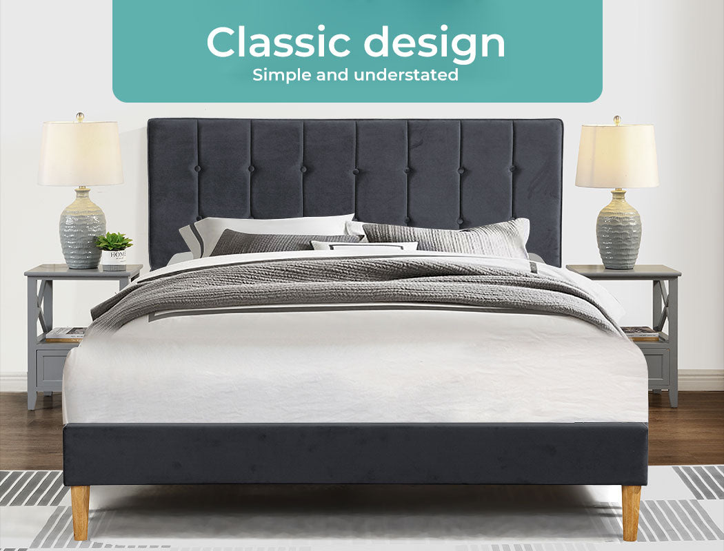 Slats of Mattress Base with Velvet Headboard Grey