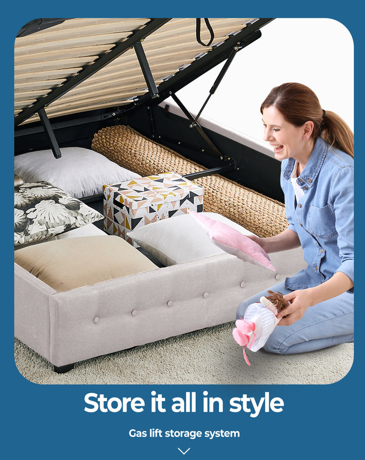 Storage space in Levede Gas Lift Fabric Queen Bed Frame
