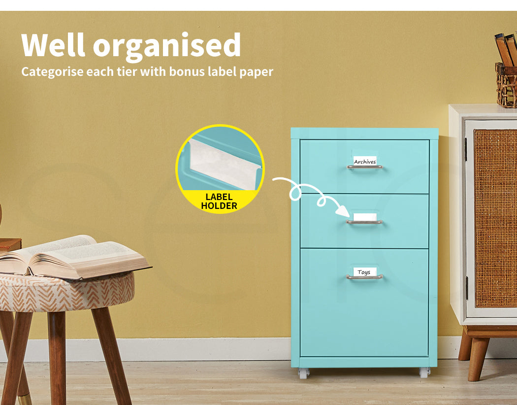 Turquoise 3 Drawer Office Drawers Cabinet 