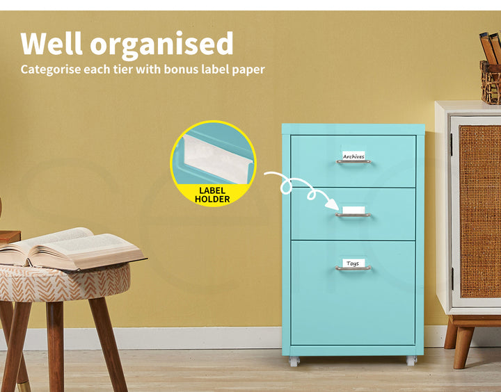 Turquoise 3 Drawer Office Drawers Cabinet 