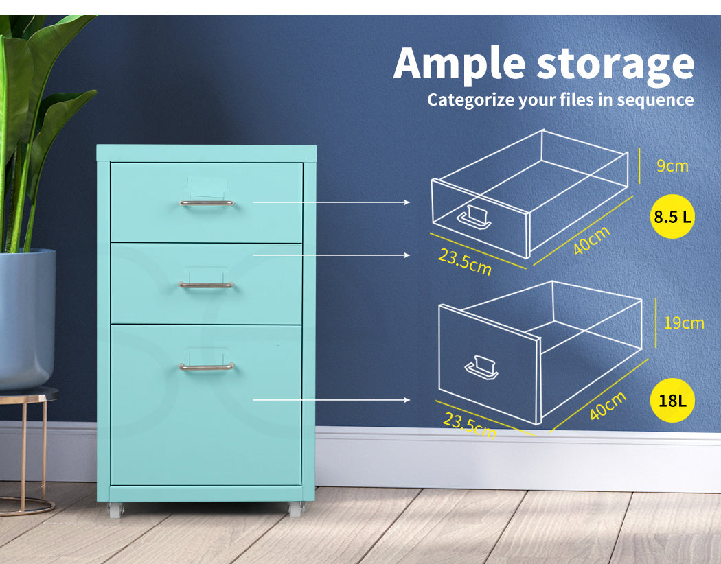 Turquoise 3 Drawer Office Drawers Cabinet 