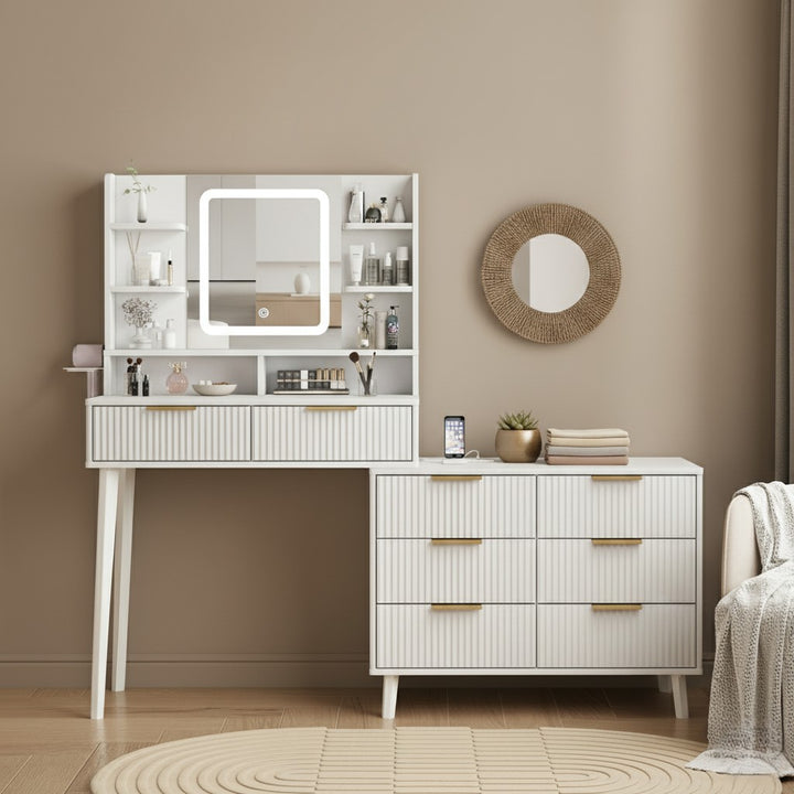 Dressing Table LED Mirror Jewellery Cabinet Makeup Storage 8 Drawers