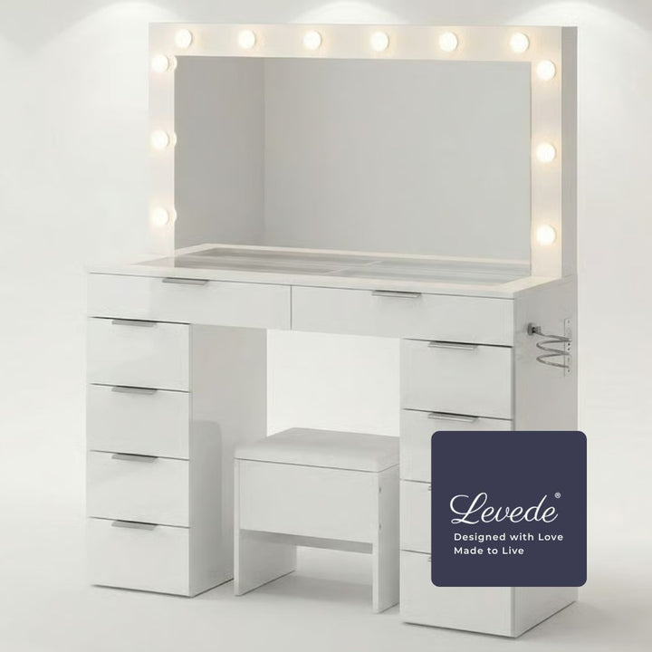 Dressing Table LED Makeup Mirror Stool Set Vanity Desk Cabinet 10 Drawers