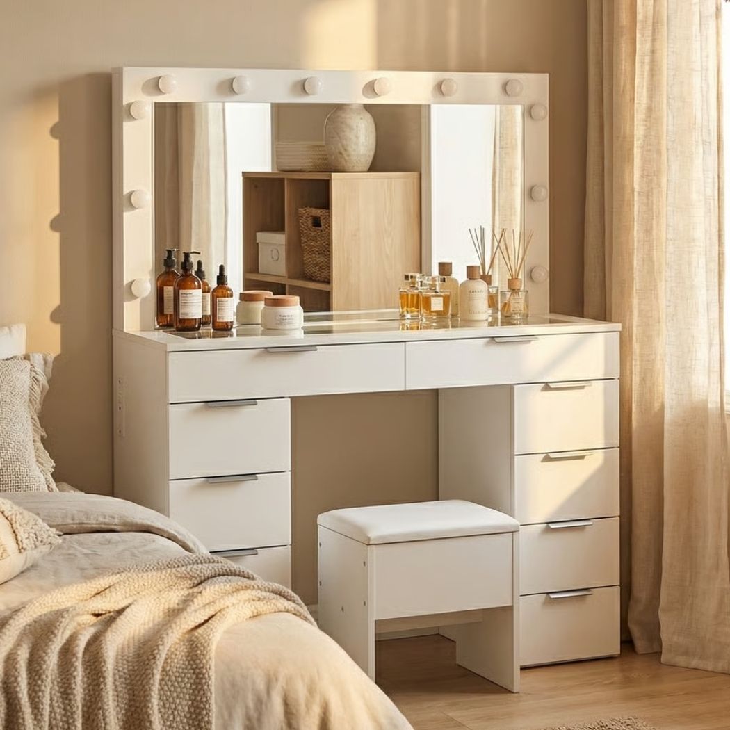 Dressing Table LED Makeup Mirror Stool Set Vanity Desk Cabinet 10 Drawers