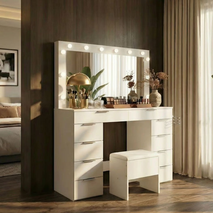 Dressing Table LED Makeup Mirror Stool Set Vanity Desk Cabinet 10 Drawers