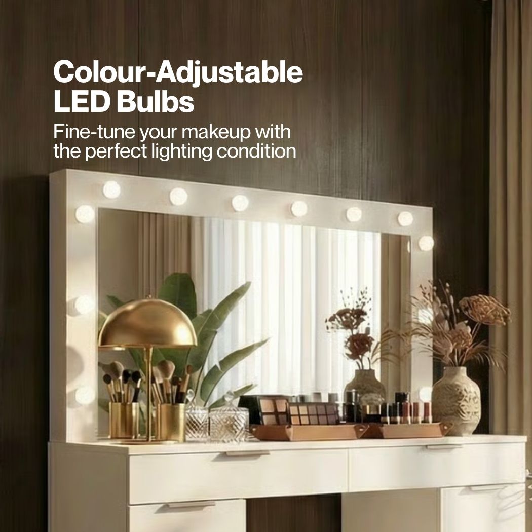 Dressing Table LED Makeup Mirror Stool Set Vanity Desk Cabinet 10 Drawers