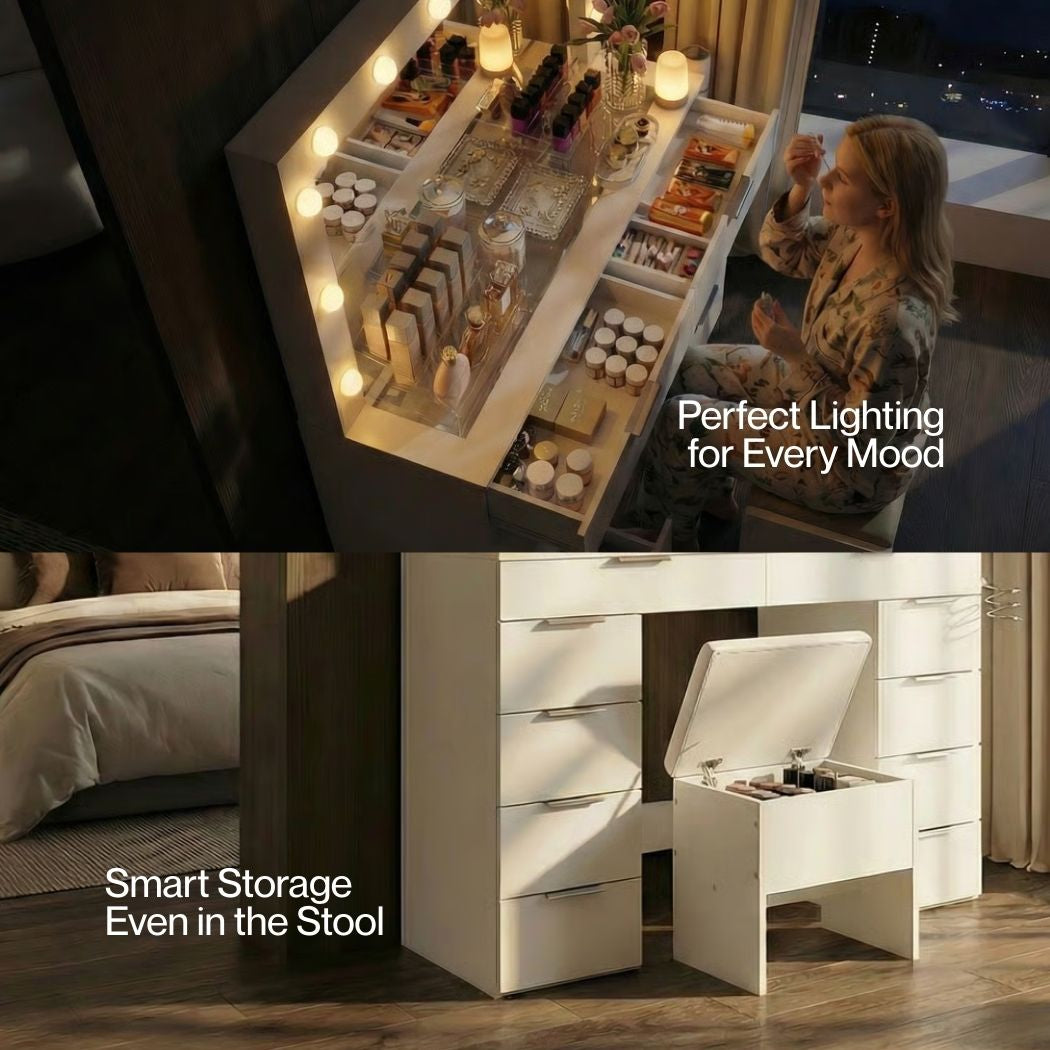 Dressing Table LED Makeup Mirror Stool Set Vanity Desk Cabinet 10 Drawers