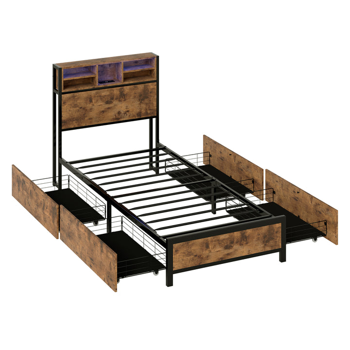 Bed Frame Storage Headboard Drawers RGB LED USB Charge Industrial