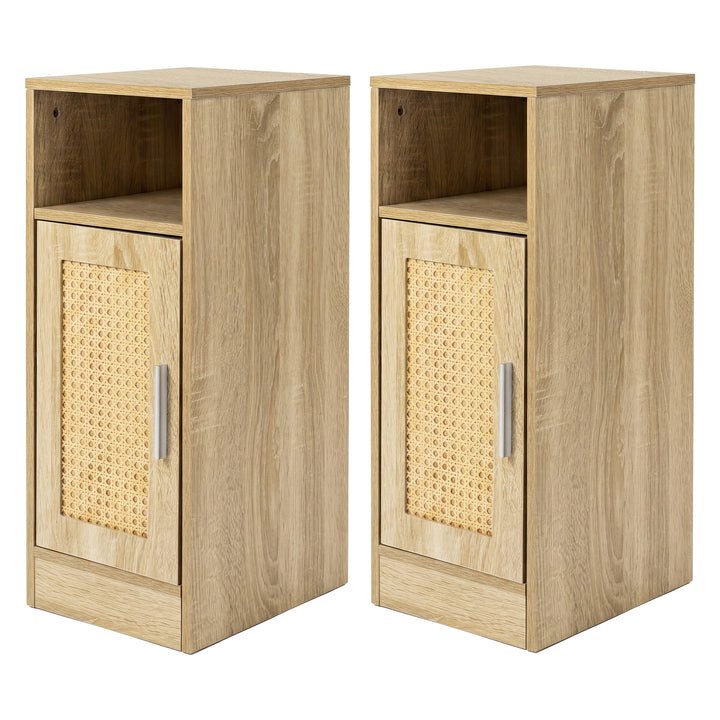 Narrow Bedside Table 2 Pcs with Storage Boho Rattan Wood