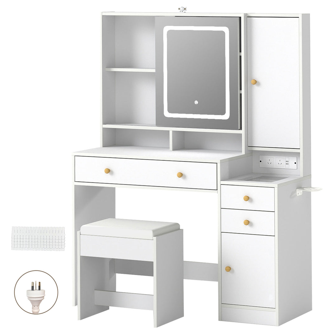 Dressing Table Stool Set with Mirror Led Makeup Vanity Desk Drawers White