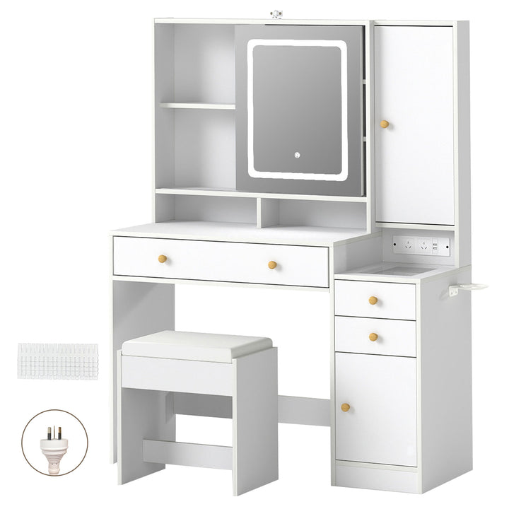 Dressing Table Stool Set with Mirror Led Makeup Vanity Desk Drawers White