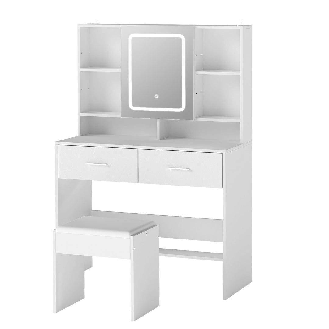 Dressing Table Stool Set with  Makeup Mirror Vanity Desk Cabinet White