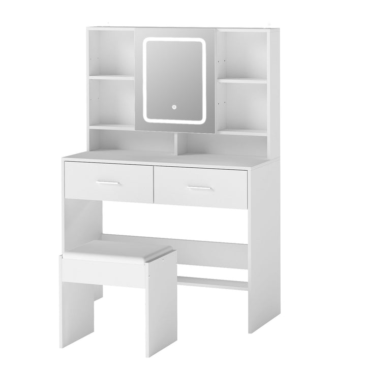 Dressing Table Stool Set with  Makeup Mirror Vanity Desk Cabinet White