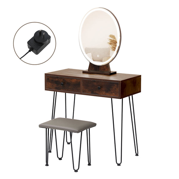 Dressing Table LED Light Strip Makeup Mirror Stool Set Vanity Desk Brown.