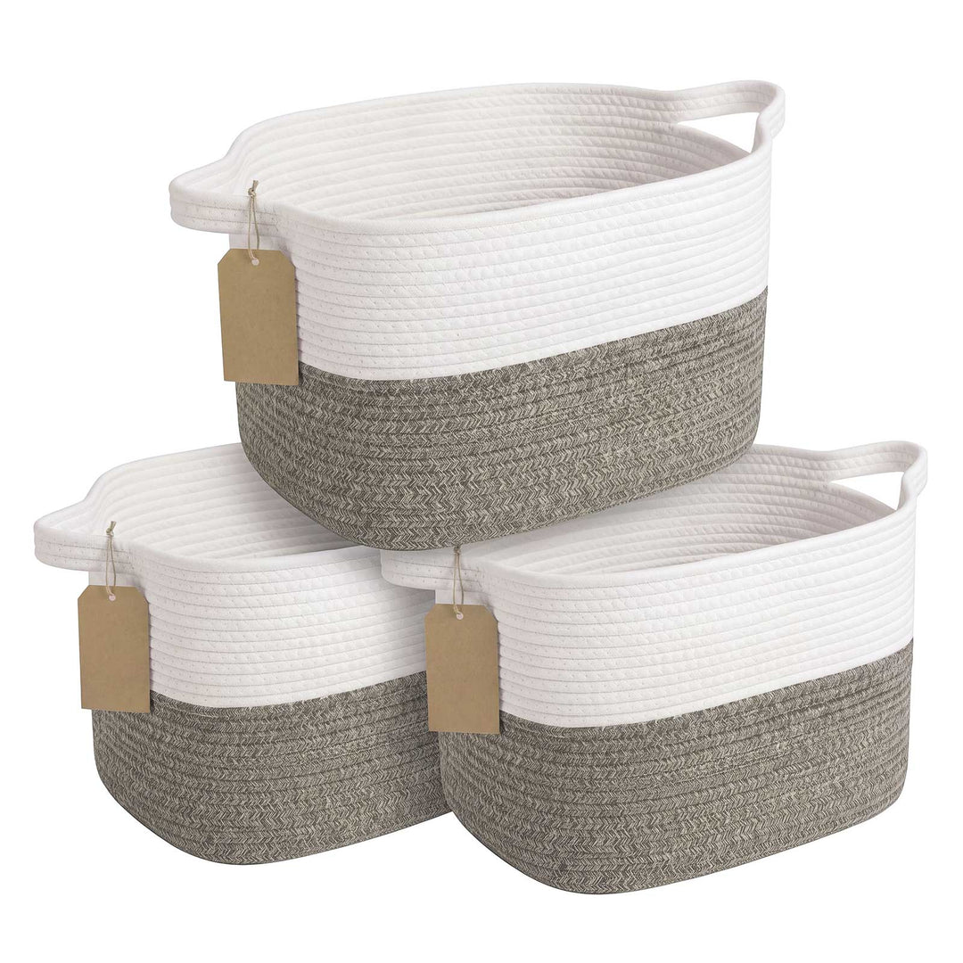 Storage Baskets Laundry Bins 3Pcs Foldable with Handles Cotton Rope Brown