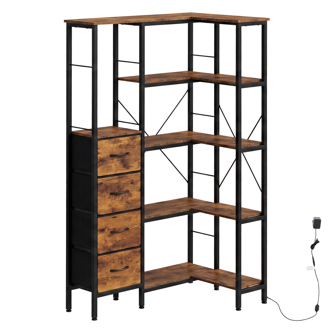 Corner Bookshelf with 4 Fabric Drawers & LED Light 5 Tier Bedroom Rustic