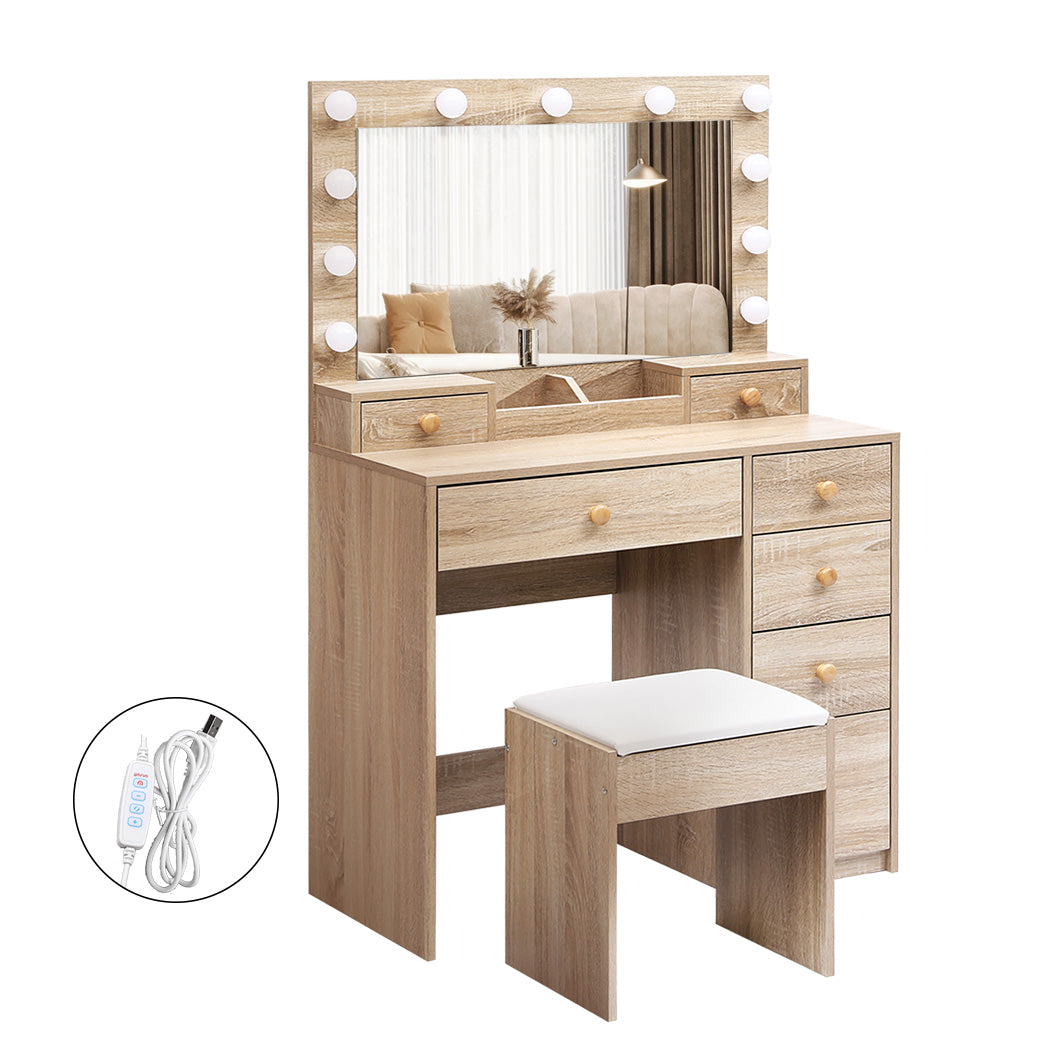 Levede Dressing Table Stool Set 11 Bulbs Makeup Mirror Vanity Desk Cabinet Oak - Levede