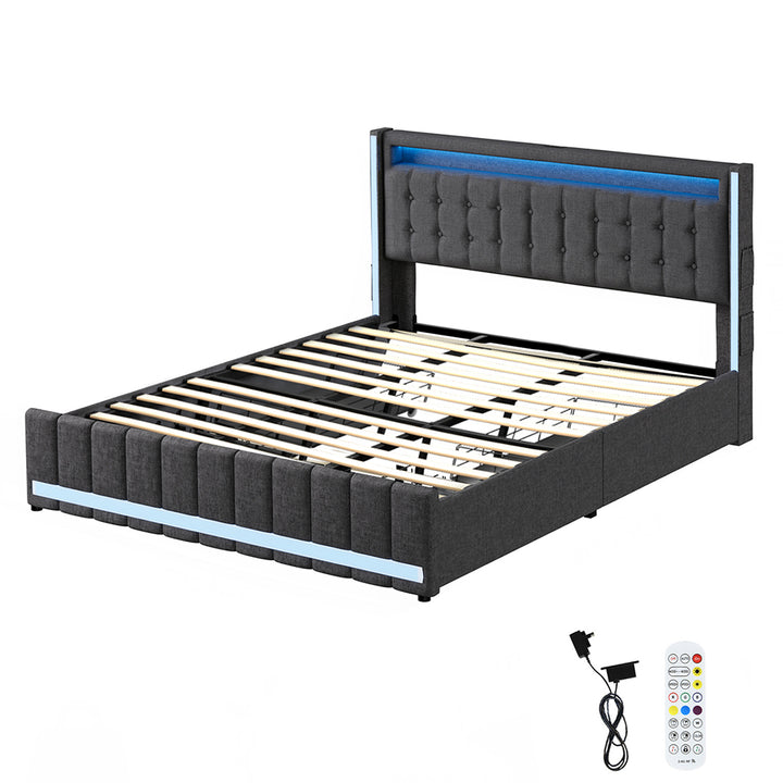Bed Frame RGB LED Headboard with Drawers