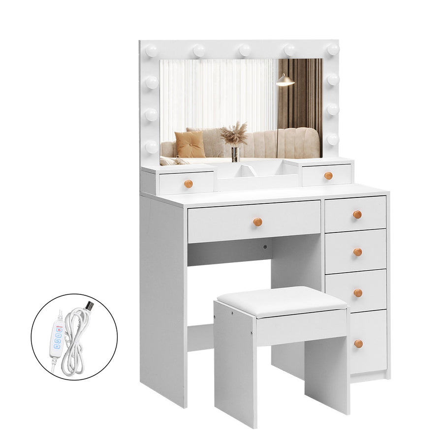 Levede Dressing Table Stool Set 11 Bulbs Makeup Mirror Vanity Desk Cabinet White - Levede