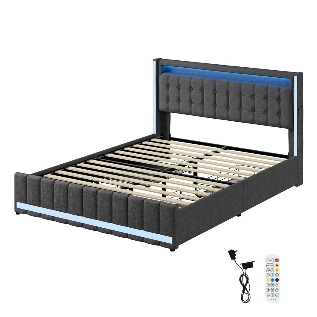 Levede Double Solid Bed Frame Headboard RGB LED Lights 4 Drawer USB Charge