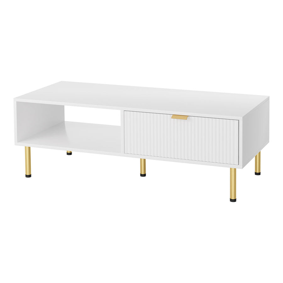 Levede 110cm Coffee Table Wooden Storage Fluted Drawer 2 Tier Open Shelf White - Levede