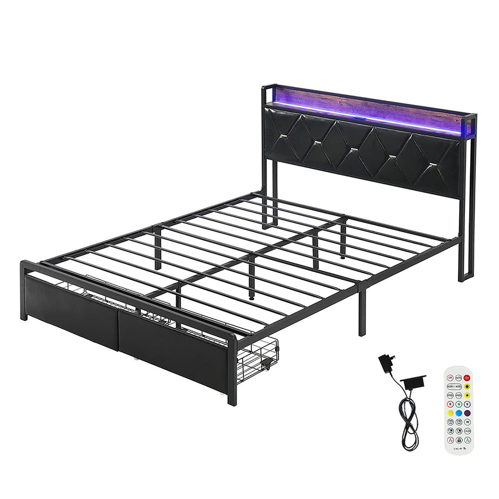 Levede Double Metal Bed Frame 2 Drawers PU Upholstered Headboard Under Storage - Levede