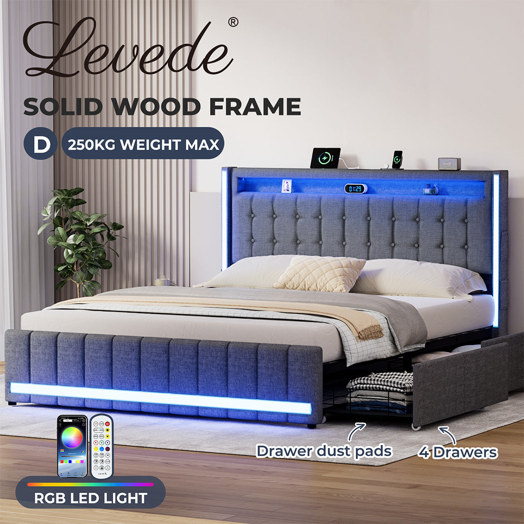 Levede Double Solid Bed Frame Headboard RGB LED Lights 4 Drawer USB Charge