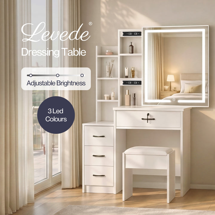 Dressing Table Vanity Stool Set Sliding LED Mirror Makeup Storage Shelves
