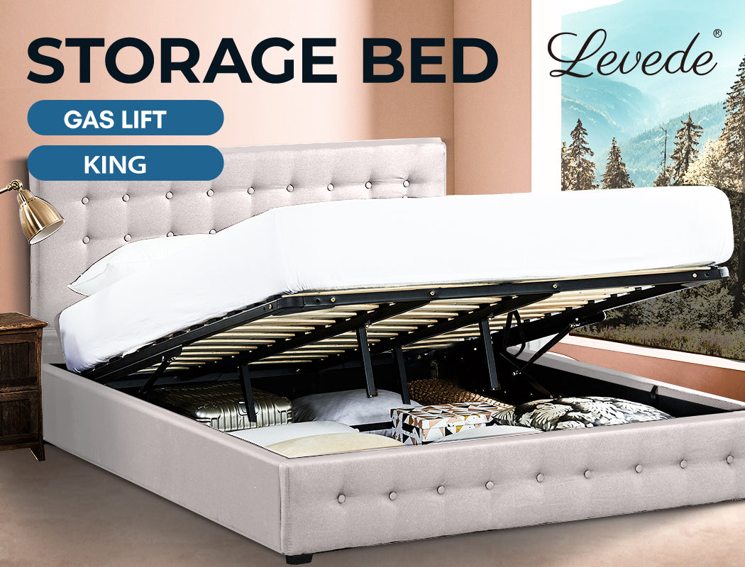 King Bed Frame Fabric Tufted Mattress Platform Gas Lift Storage Beige