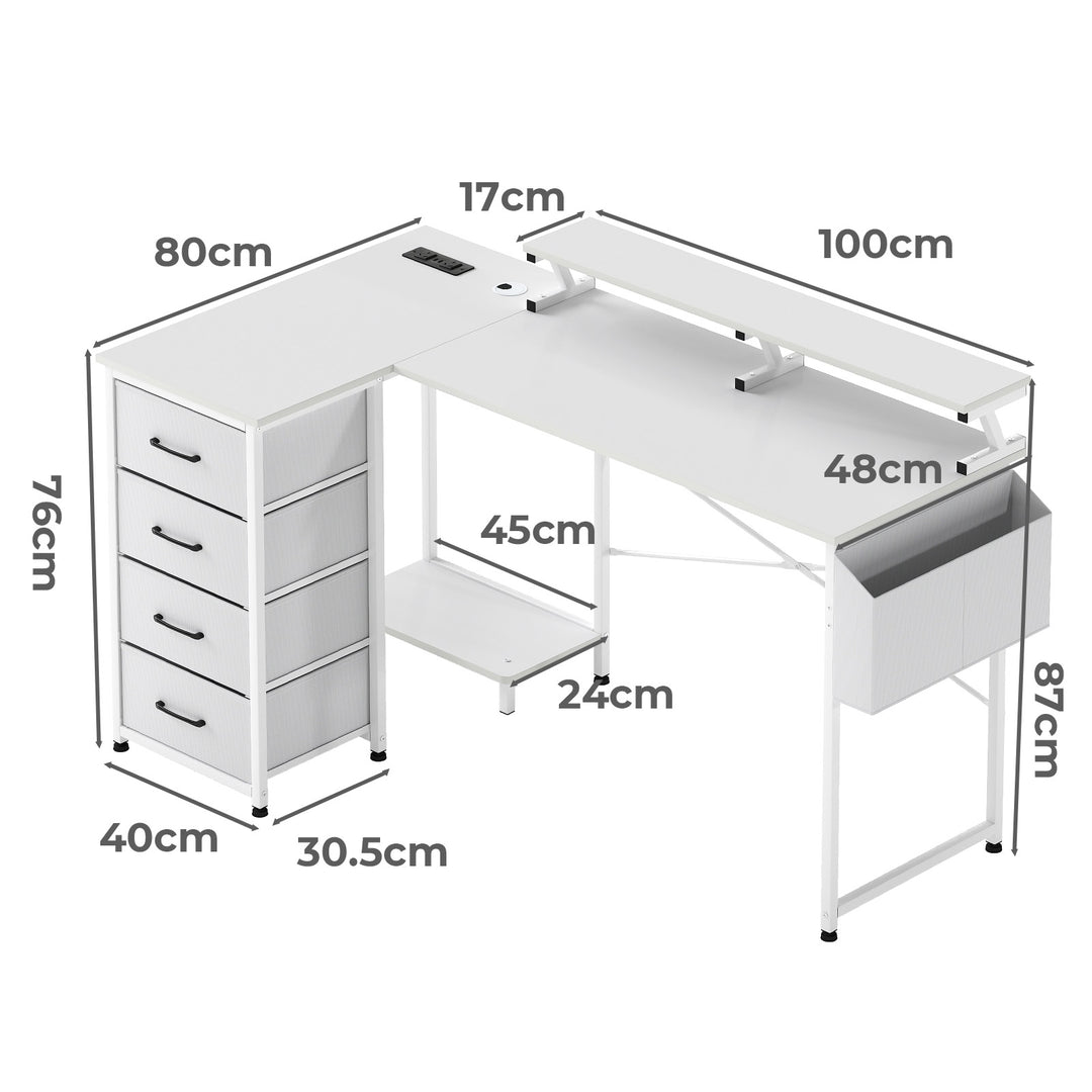 L Shaped Gaming Desk with RGB LED, Storage Drawers Power Outlet