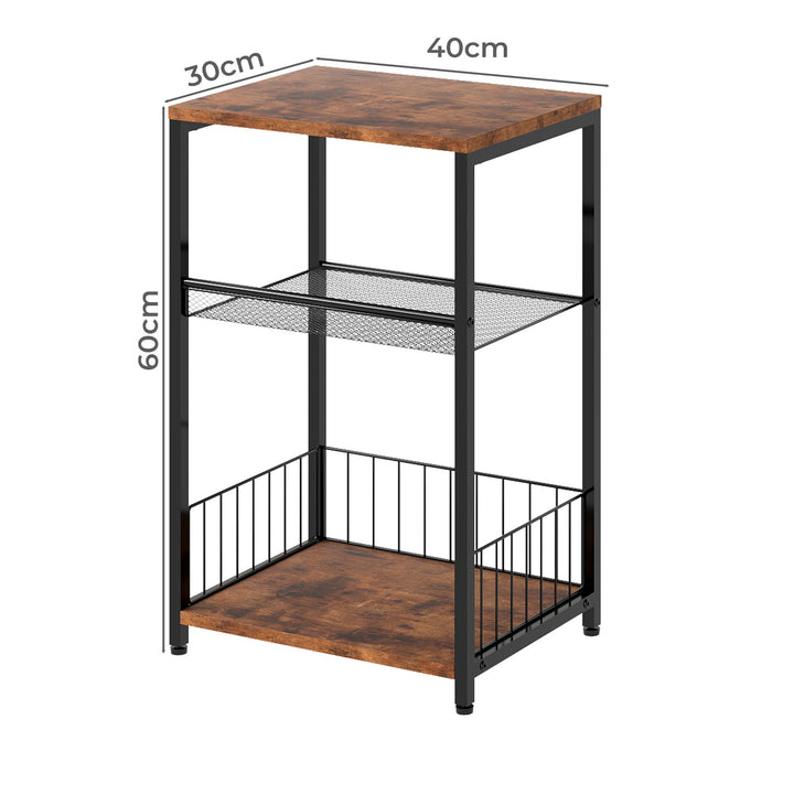 Side Table Bedside End Table 3 Tier Metal Wood Storage Vintage Brown