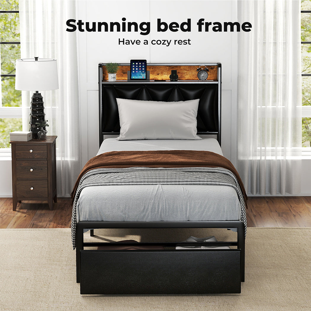 Metal Bed Frame Drawer PU Upholstered Headboard Under Storage
