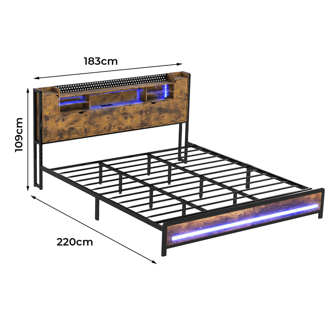 King Bed Frame Storage Headboard Shelf Industrial RGB Light LED Charging