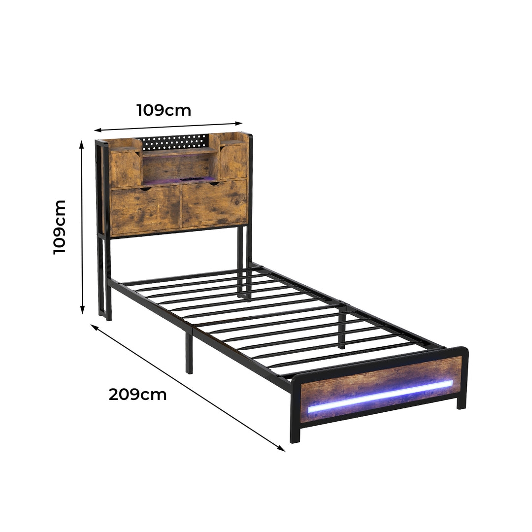 Single Bed Frame Storage Headboard Industrial RGB Light LED Charging