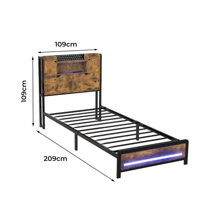 Single Bed Frame Storage Headboard Industrial RGB Light LED Charging