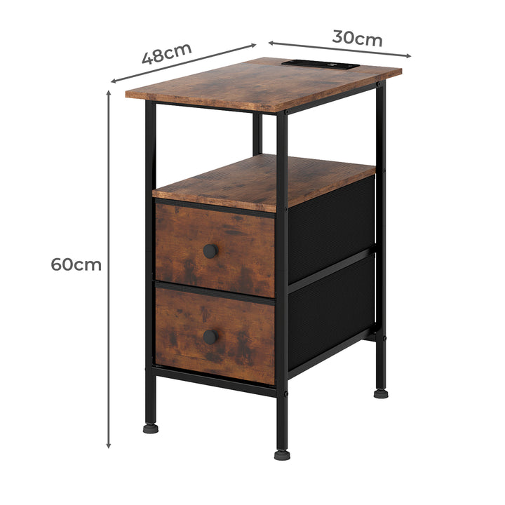 Bedside Table Side Table Storage Cabinet USB Charge Table 2 Drawers Brown