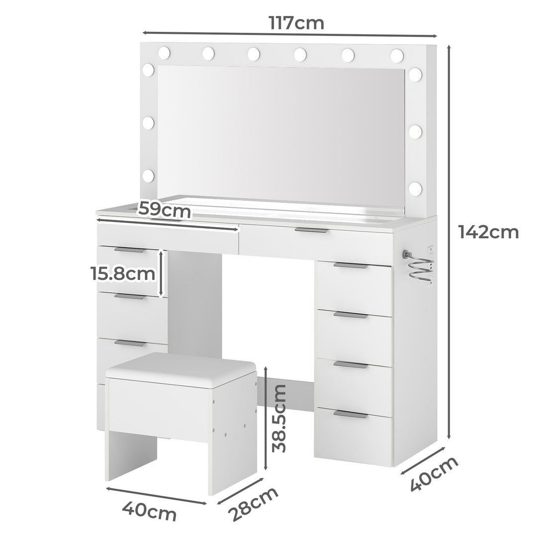 Dressing Table LED Makeup Mirror Stool Set Vanity Desk Cabinet 10 Drawers