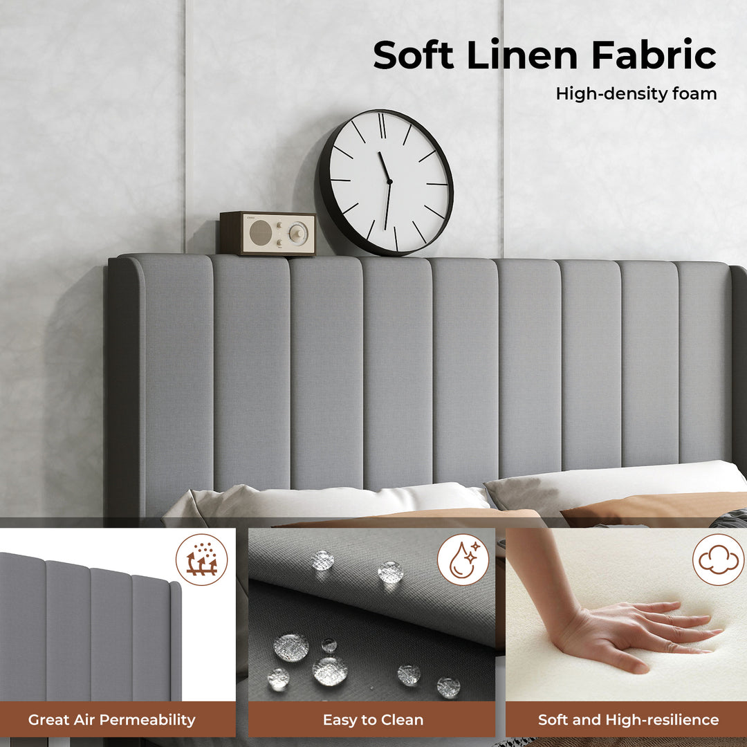 Metal Wooden Bed Frame Queen Panel Plush Upholstered Soft Headboard Grey