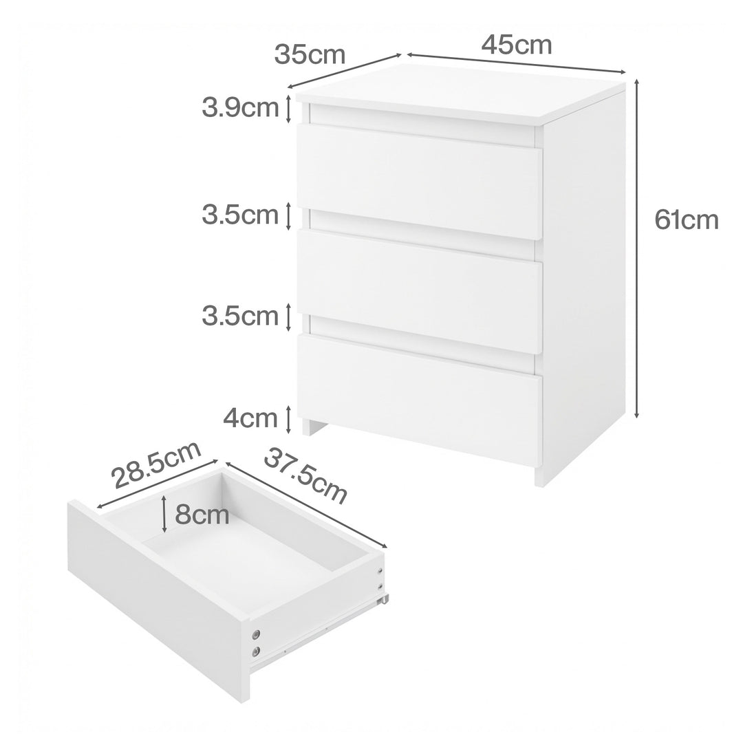 Bedside Table Side Table 3 Drawers Storage Nightstand Bedroom Cabinet