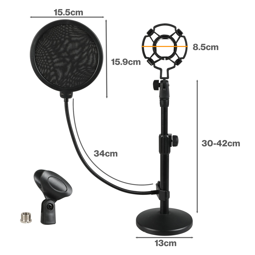 Desktop Microphone Stand Adjustable Pop Filter Shock Mount Base Kit Black