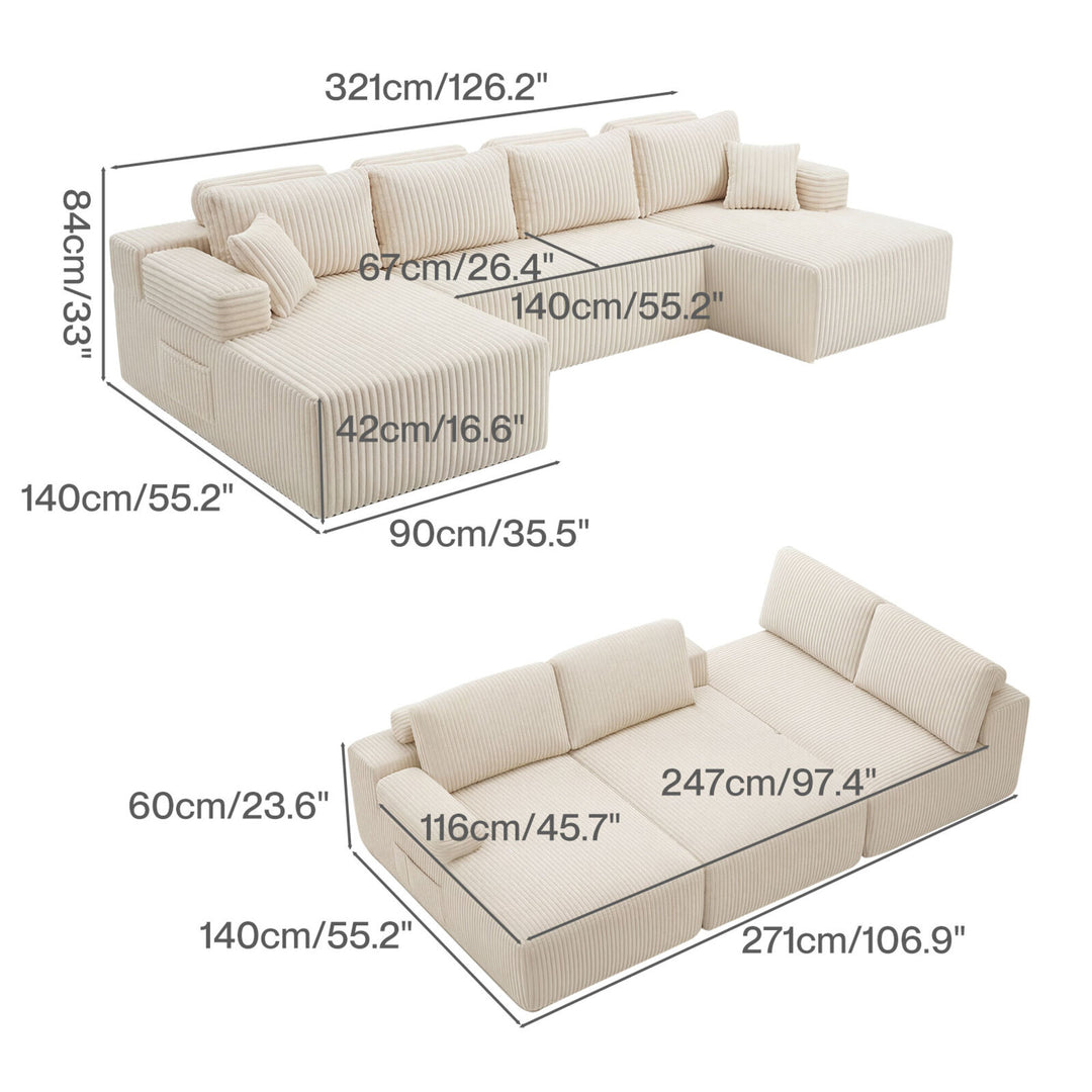 Modular Sofa Lounge Set Corduroy U Shaped Sectional Cloud Couch Beige